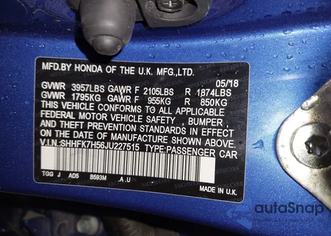 2018 Honda Civic Ex из США, поврежденный, VIN SHHFK7H56JU227515